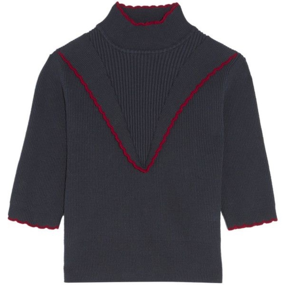 GANNI navy and red sweater. Harrison style with scallop trim